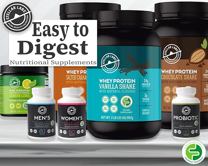 Stellar Labs Whey Protein Powder with BCAA's &amp Whey Isolate | Certified Low FODMAP Non GMO Gluten Free Soy Free Low Carb Keto with Stevia | All Natural Lean Post Workout Shakes | Salted Cara