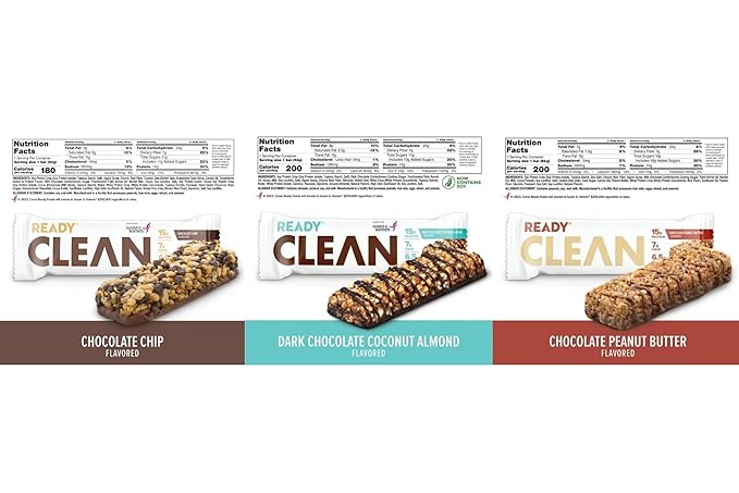 Ready Clean Protein Bars Variety pack Chocolate Peanut Butter Chocolate Chip Dark Chocolate Coconut Almond 5 servings per case total 3 cases/15 individual servings.