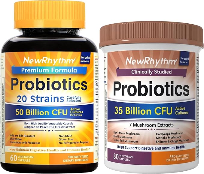 NewRhythm Probiotics Bundle: 35B CFU Mushroom Immune Support &amp 50B CFU 20-Strain Digestive Health. The Ultimate Duo for Inner Wellness