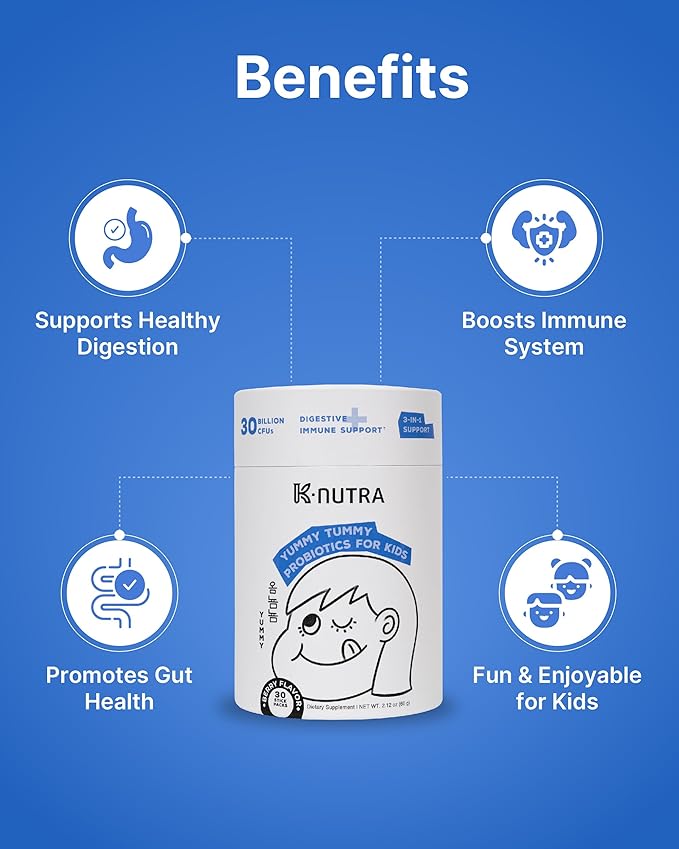 K-Nutra Yummy Tummy Probiotics for Kids | 2.12oz (30 Sticks) | 3-in-1 Prebiotic &amp Probiotic Powder | 30 Billion CFUs | Supports Digestive &amp Supports Immune Health | for Ages 3+