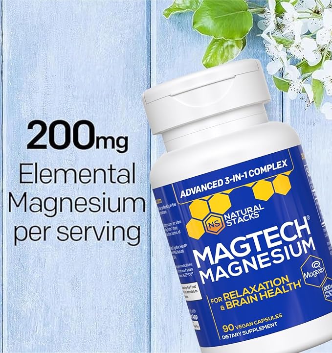 Magtein Magnesium L-Threonate Glycinate &amp Taurate – 200mg Chelated Magnesium Complex – MagTech Magnesium Supplement for Relaxation &amp Brain Health – 90 Capsules