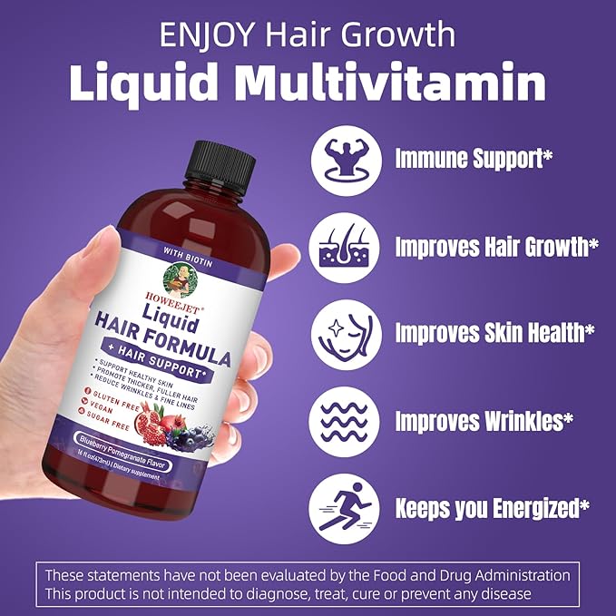 Liquid Multivitamin for Hair Growth &amp Hair Formula Bundle | Healthy Hair Habits | Clinically Tested for Thicker Hair &amp Skin Elasticity for Women | Peach Mango Flavor &amp Blueberry Pomegranat