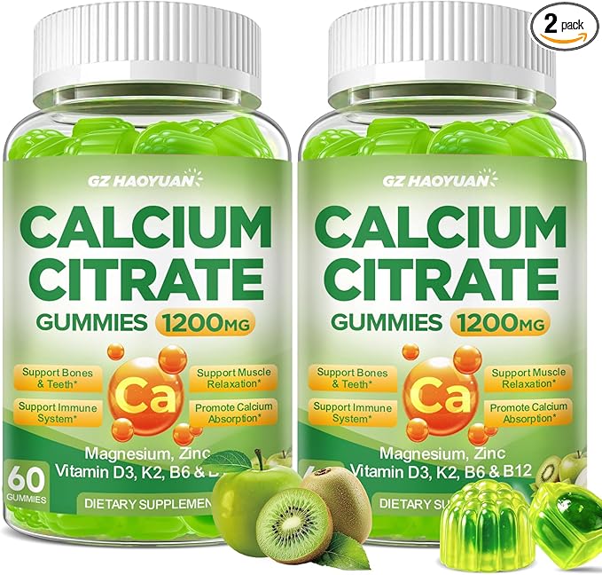Calcium Citrate Gummies - 1200mg Calcium Gummies Supplements for Women &amp Men with Vitamin D3 K2 Magnesium Zinc High Absorption for Bone Muscle &amp Immune Support Apple &amp Kiwi Flavor 12