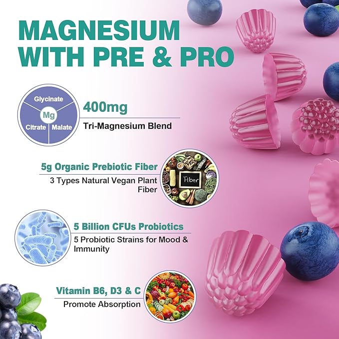 Triple Magnesium Complex Gummies 400mg with Prebiotics &amp Probiotics 5 Billion CFUs Magnesium Glycinate Supplement Gummies with Vitamin B6 D3 &amp C for Muscles &amp Mood - 60 Count (Pack of 1