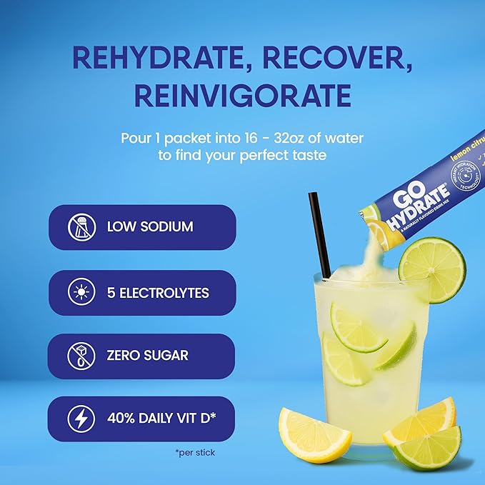 GoHydrate Instant Hydration Powder Packets - Low Sodium Electrolytes Drink Mix - Natural Hydration Support Sugar Free Electrolyte Flavored Powder Drink with Vitamin D 30 Packs Lemon Citrus