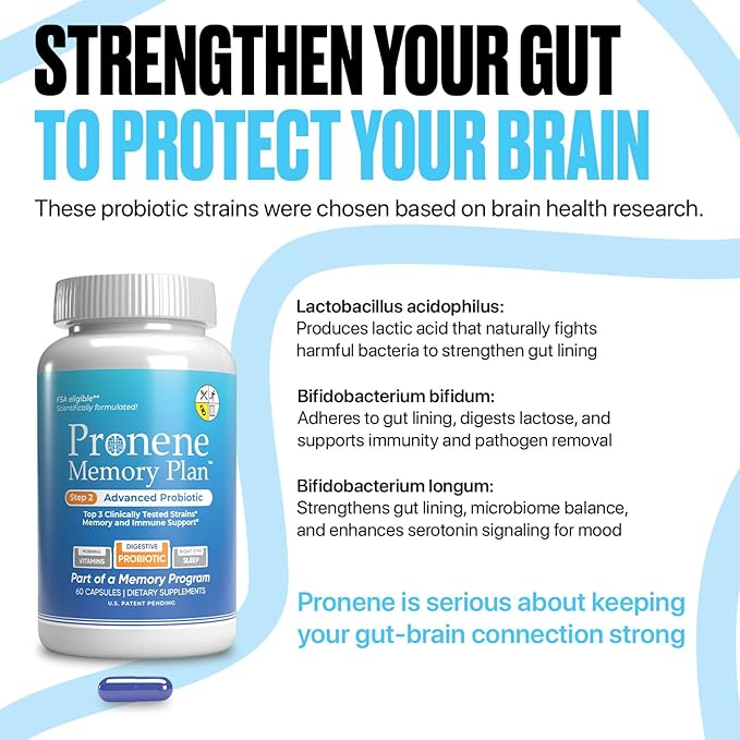 Pronene Memory Plan Advanced Probiotic | Lactobacillus Bifidobacterium bifidum Bifidobacterium longum | Supports Immunity microbiome Gut Brain axis Memory Health (60caps)