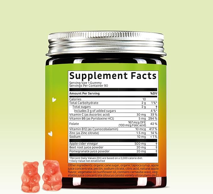 Bears with Benefits Apple Cider Vinegar Gummies – Metabolism &amp Detox Support with Vitamins B6 B12 Iodine &amp Folic Acid – Vegan. Balanced Gut (90 Gummies)