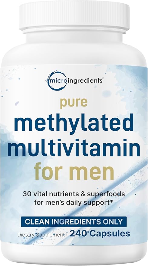 Micro Ingredients Pure Methylated Multivitamin for Men 240 Capsules | with Vitamin C D E B Complex + Methylfolate lycopene Saw Palmetto Ginseng &amp Maca | Men’s Daily Support | Filler Free