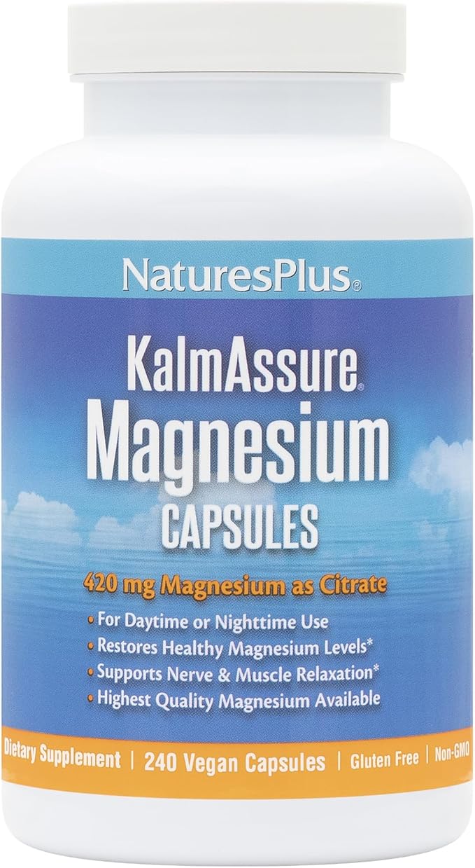 NaturesPlus KalmAssure Magnesium - 240 Vegan Capsules - Highly Bioavailable Magnesium Citrate - Supports Nerve &amp Muscle Relaxation - 60 Servings