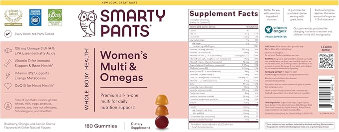 SmartyPants Women's Multivitamin Gummies: Omega 3 Fish Oil (EPA/DHA) Methylfolate CoQ10 Vitamin D3 C Vitamin B12 B6 A K &amp Zinc Inositol Gluten Free 180 Count (30 Day Supply)