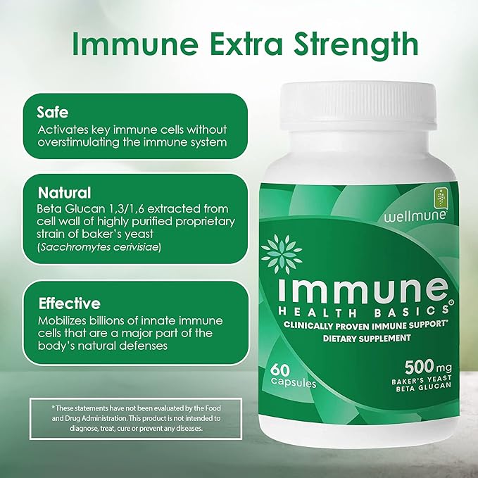 Ultra Strength Immunity - Clinically Proven Immune Support - Wellmune Highly Purified Beta Glucan - Gluten-Free Non-allergenic Non-GMO and Vegan Capsules - 60 Capsules 500 mg