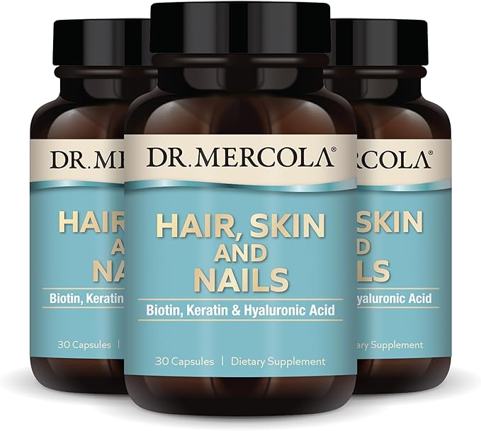 Dr. Mercola Hair Skin and Nails - Provides Biotin Keratin &amp Hyaluronic Acid - Premium Quality - Supports Healthy Aging - Non-GMO Gluten-Free &amp Soy-Free - 30 Capsules (3 Pack)