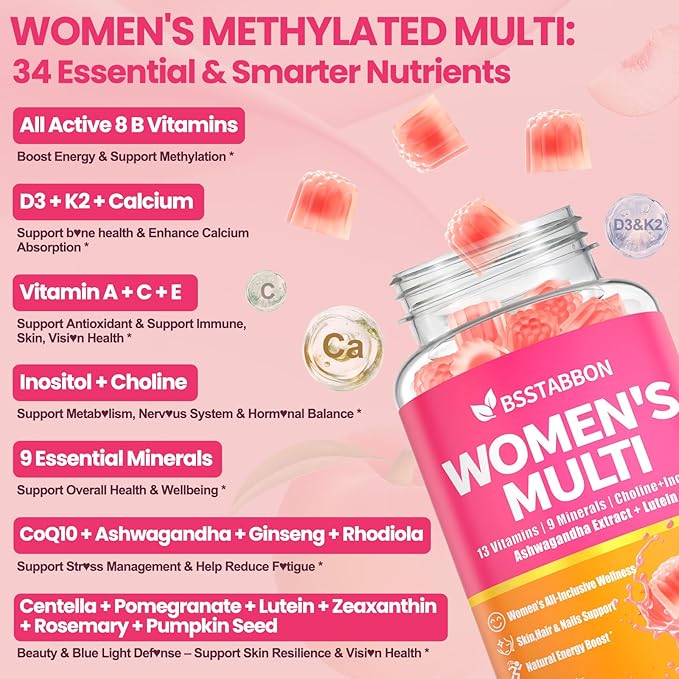 Organic Women's Multivitamin Gummies: Vegan Vitamin Supplement with Iron B12 D3 Biotin Magnesium Plus Ashwagandha for Hair Skin Health Boost Energy - Sugar Free Methylated Gummy(120Count)