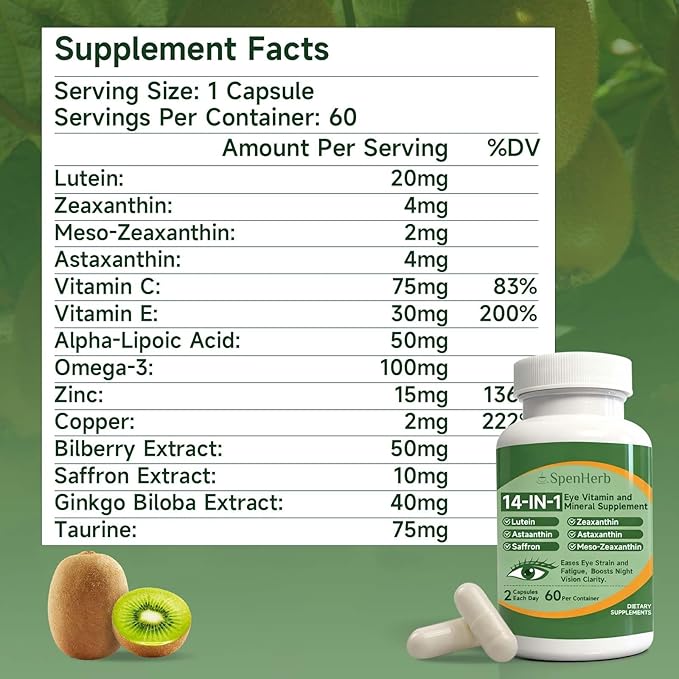 Eye Vitamin and Mineral Supplement 14 in 1 Advanced Eye Formula Vision Support with Lutein and Zeaxanthin Vitamin C E Zinc Copper Eye Health Supplements for Adults 60 Capsules/2 PCS