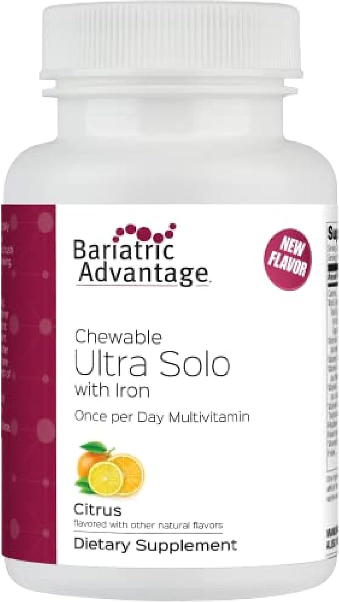 Bariatric Advantage Chewable Ultra Solo with Iron - Once-Per-Day Daily Multivitamin - for Bariatric Patients - with Thiamin Vitamin A &amp More - Gluten Free - Citrus - 30 Tablets