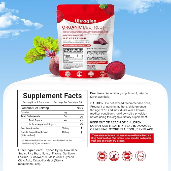 Beet ChewsBeetsroot Heart Nitric Oxide Support Soft Beets Heart ChewsGrape Seed Extract &ampBeet Root Powder Energy Supplement60 (Pomegranate Berry Flavor)