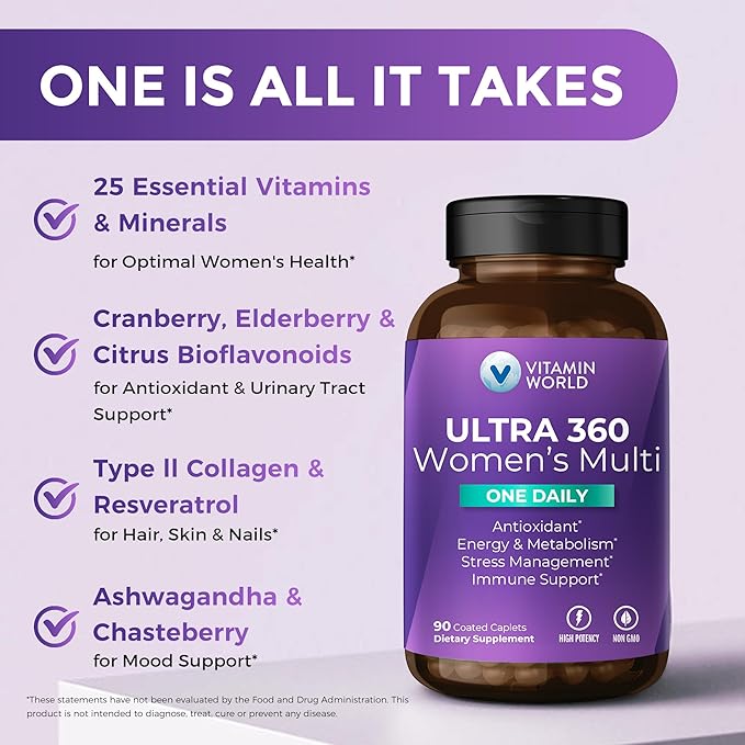 Vitamin World Ultra 360 Multivitamin for Women One Daily Women's Multivitamin with Collagen Ashwagandha &amp Antioxidants Supplement with Vitamin A B C &amp D for Energy &amp Immune Support 9