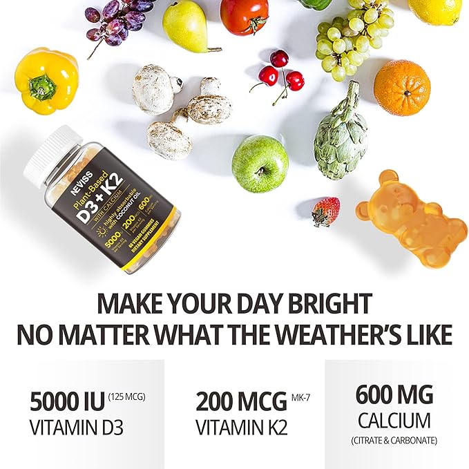 NEVISS 50+ Daily Gummy Multivitamin Algae Omega 3 &amp Calcium CoQ10 Magnesium + Vitamin D3 5000IU Gummies 125mcg with Calcium 600mg K2(MK7) 200mcg