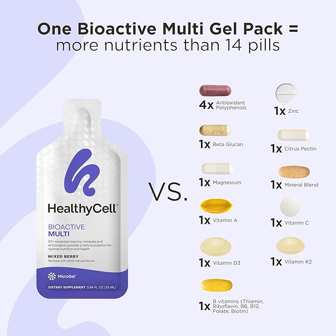 Healthycell Bioactive Daily Liquid Multivitamin for Men &amp Women – 20+ Essential Vitamins Minerals &amp Antioxidants for Brain Heart Immunity Energy Skin &amp Hair Support - 30 Gel Packs