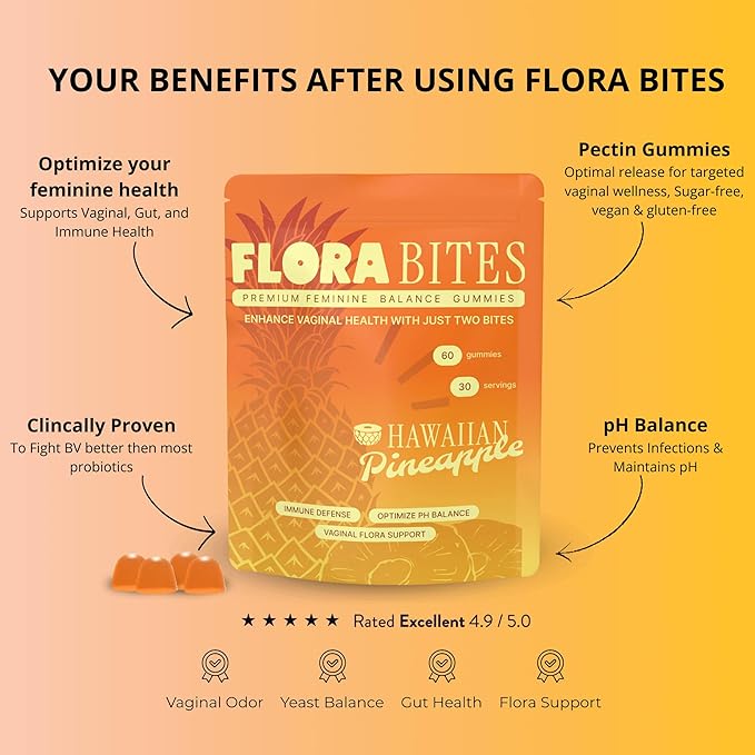 Premium Feminine Balance Gummies – pH Balance &amp Yeast Infection Support – Women’s Health &amp Wellness - Vegan &amp Gluten-Free – Hawaiian Pineapple Flavor – 60 Gummies (30 Servings)