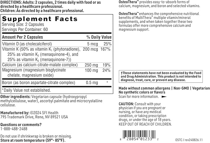 Klaire Labs SFI Health Osteothera Capsules - Hypoallergenic &amp Multifactorial Bone Support Formula with Calcium Vitamin K D3 Magnesium &amp Boron (120 Capsules)