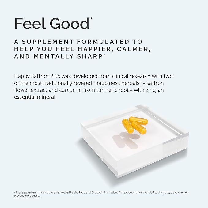BRAINMD Dr Amen Happy Saffron Plus - 90 Capsules - with Saffron Flower Extract Curcumin &amp Zinc - Vegan Gluten Free - 30 Servings