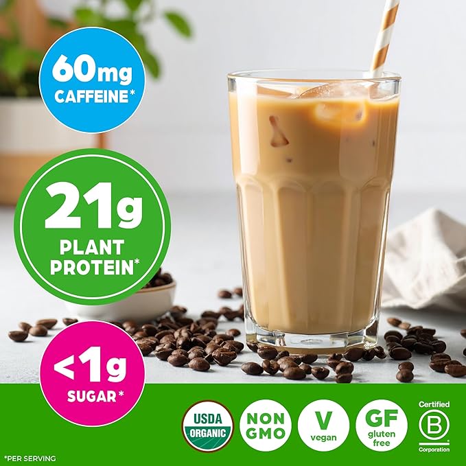 Orgain Organic Vegan Protein Powder Iced Coffee - 21g Plant Protein 60mg of Caffeine Low Net Carb No Lactose Ingredients No Added Sugar Non-GMO For Shakes &amp Smoothies 2.03 lb