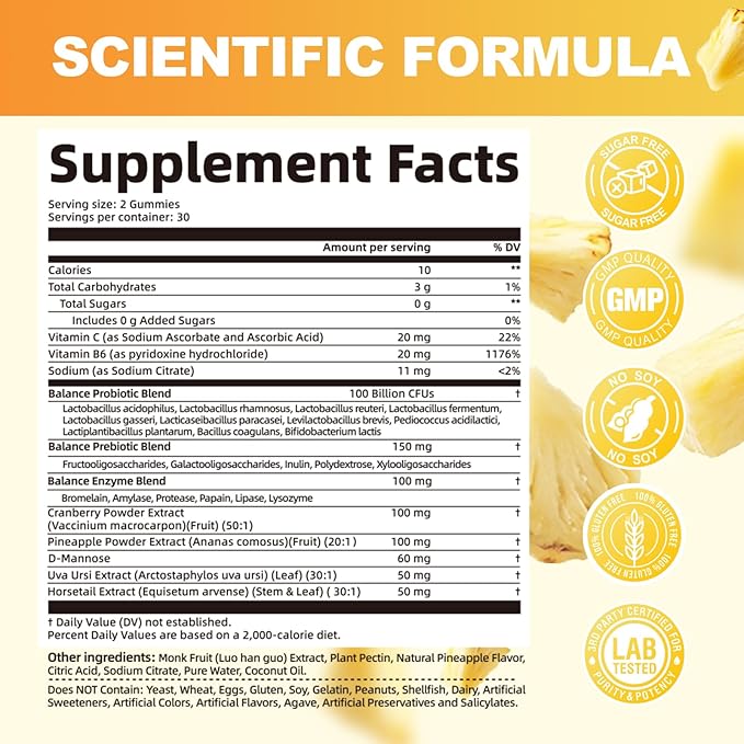 Premium Feminine Balance Gummies – 2 Pack Probiotic + Enzyme Blend for Digestive Hormone &amp PH Balance Pineapple Flavor 120 Gummies