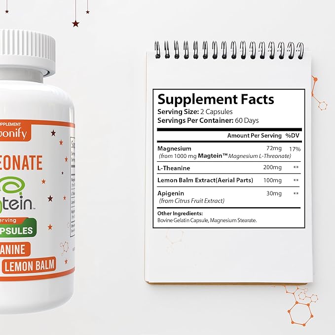 Magtein Magnesium L Threonate Supplement with L Theanine Lemon Balm and Apigenin High Absorption 120 Purified Veggie Capsules 1400 mg Gluten Free Non-GMO Vegetarian