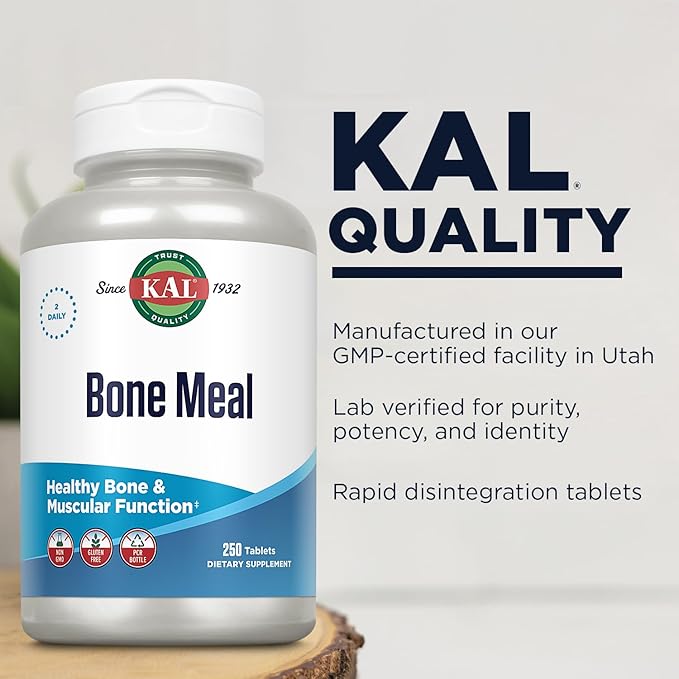 KAL Bone Meal Tablets Calcium Supplement w/Magnesium Vitamin D3 and K Bone Health Muscle and Nerve Function Support Rapid Disintegration Gluten Free Non-GMO 60-Day Guarantee 125 Serv 250ct