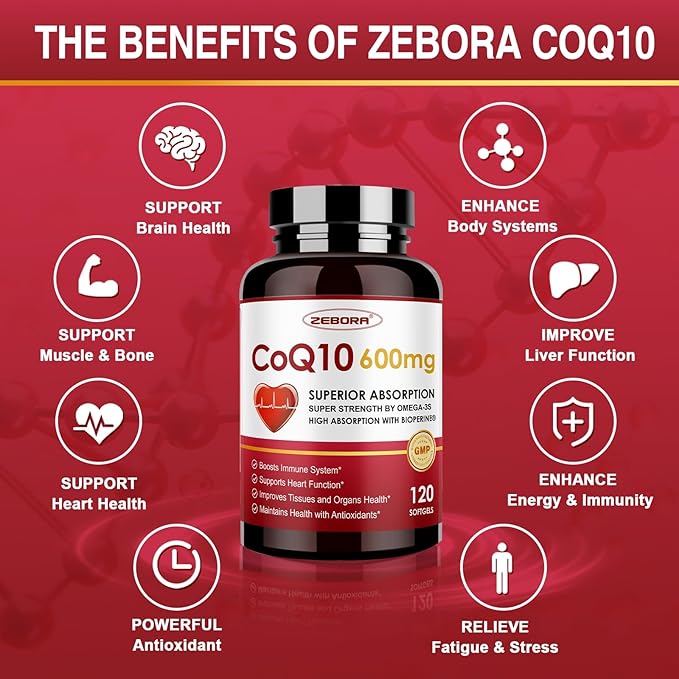 ZEBORA CoQ10-600mg-Softgels - Extra Strength Coenzyme Q10 with PQQ Omega-3 &amp BioPerine - High Absorption CoQ10 Supplements Antioxidant (Ubiquinone) for Heart Health &amp Energy Production 120 S