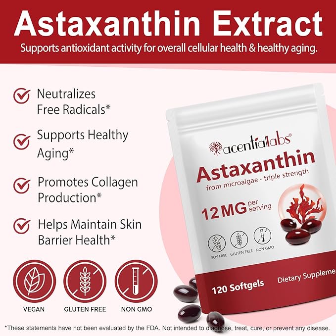 Astaxanthin Supplements 12mg - 120 Softgels | Premium Natural Antioxidant from Microalgae | Eye Skin Brain Joint Heart &amp Immune Health Support | Non-GMO Gluten-Free