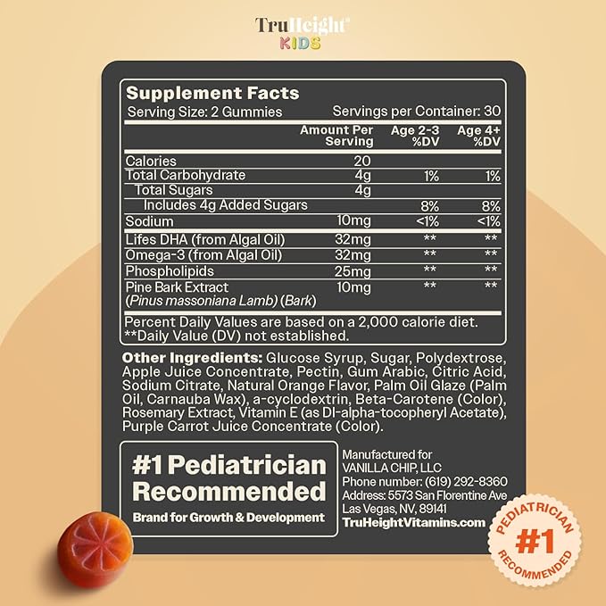 TruHeight Kids Brain Growth Gummies (Orange Ages 2+) All Natural Kids &amp Toddler Vitamins - Omega-3 DHA Multivitamin - Brain &amp Memory Supplements - Gluten Free Supplement Vitamin