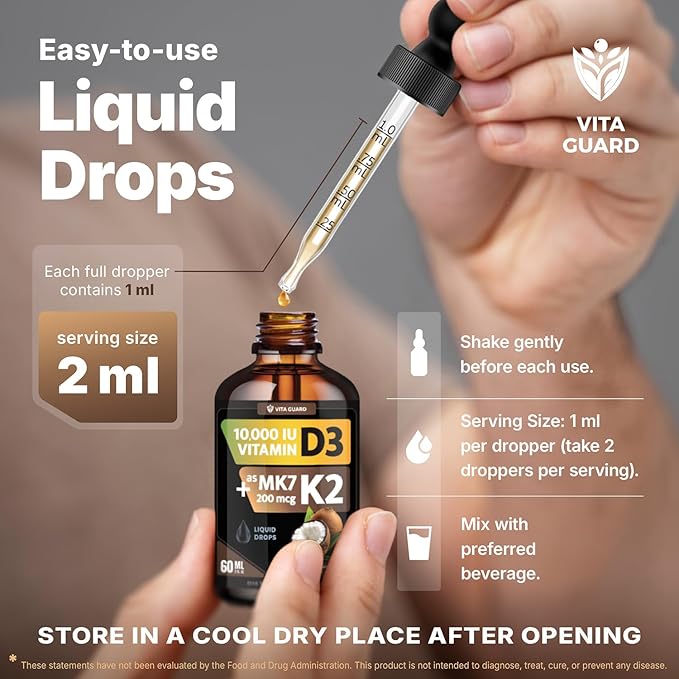(2 Pack) Vitamin D3 K2 Liquid Drops 10000 IU + 200 mcg MK-7 – High Absorption Sugar-Free Non-GMO Bone &amp Immune Booster Vegan Supplement with Coconut Oil – 60 ml (2 oz)