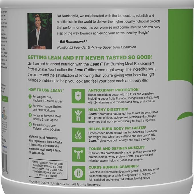 Nutrition 53 Lean 1 Fat Burning Protein Shake Vanilla Flavor 15 Serving Tub