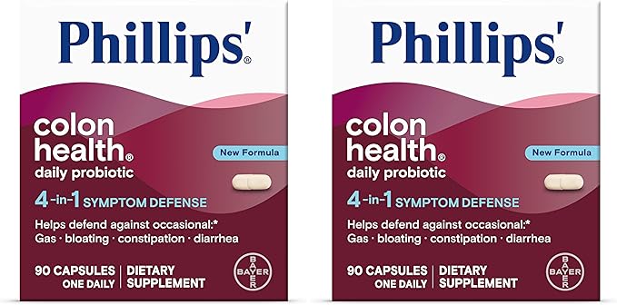 Phillips' Colon Health Daily Probiotic Capsules4-in-1 Symptom Defense to Help Defend Against Occasional GasBloatingConstipationand DiarrheaDaily Supplement90 Count (Pack of 2)