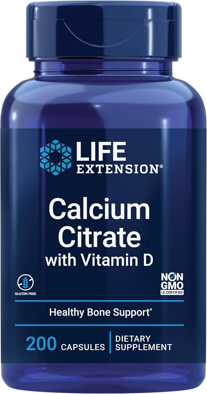 Life Extension Calcium Citrate with Vitamin D Super-absorbable Calcium to Support Optimal Bone Health Gluten-Free Non-GMO 200 Capsules