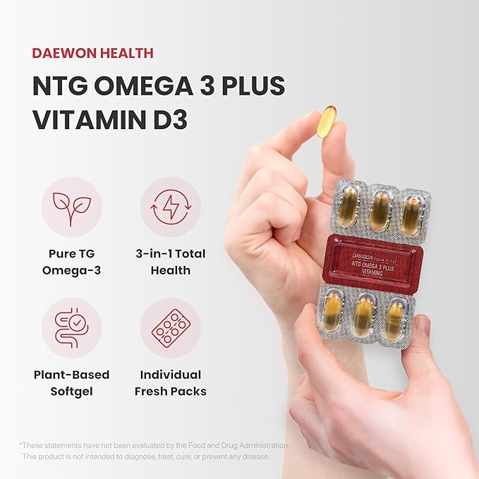 NTG Omega 3 Plus Vitamins – Vegan Algal Oil with Vitamin D3 &amp E High Purity TG DHA EPA Heart Brain Eye Bone Health Support Solvent-Free Water Extraction (30 Softgels x 1020mg)