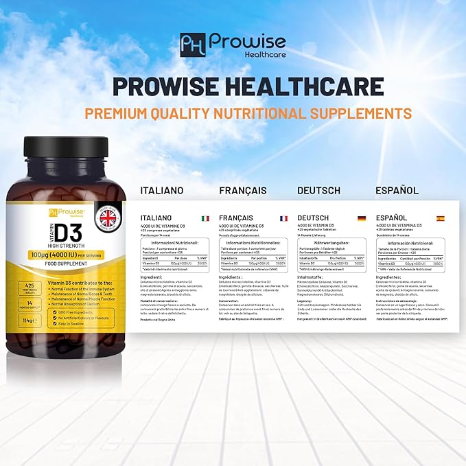Vitamin D3 4000IU High Strength I 425 Vegetarian Tablets (14 Months Supply) I Easy Swallow Vitamin D3 Supplement for Immune Support Calcium Boost Bone &amp Muscle I Made in the UK by Prowise Health