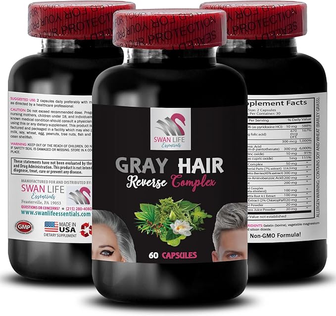 Biotin - GRAY HAIR REVERSE - Hair brilliance Restore vibrancy Color vitality Fresh tone Natural shade Lush hair Glossy hair Hair enrichment Hair restoration 3 Bottles 180 Capsules