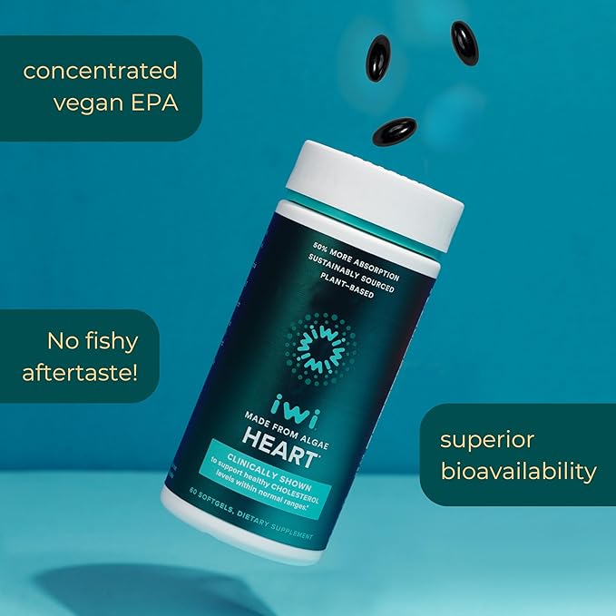 Iwi Life Heart Omega-3 180 Softgels (90 Servings) Vegan Plant-Based Algae Omega Fatty Acids + EPA Heart Health Support Dietary Supplement Krill &amp Fish Oil Alternative No Fishy Aftertaste
