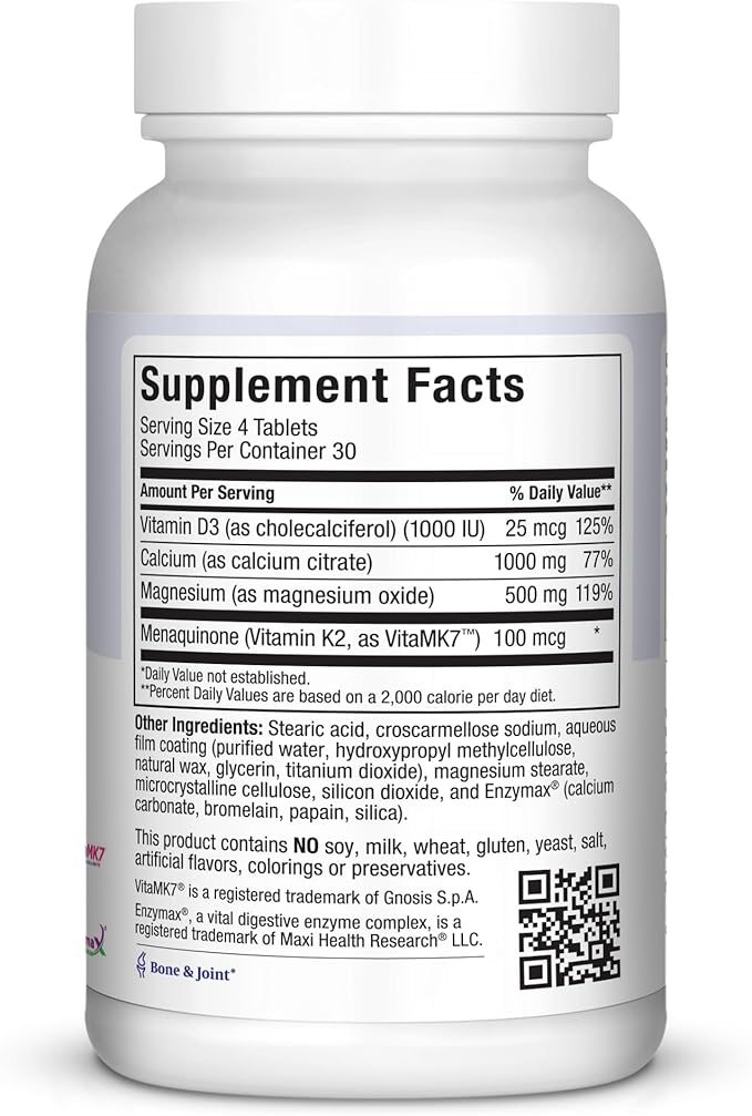 4-in-1 Calcium 1000mg with Vitamin D3 - Calcium Supplement for Women and Men with Vitamin K2 D3 1000 IU - Extra Strength Calcium Citrate for Bone and Heart Support (120ct)