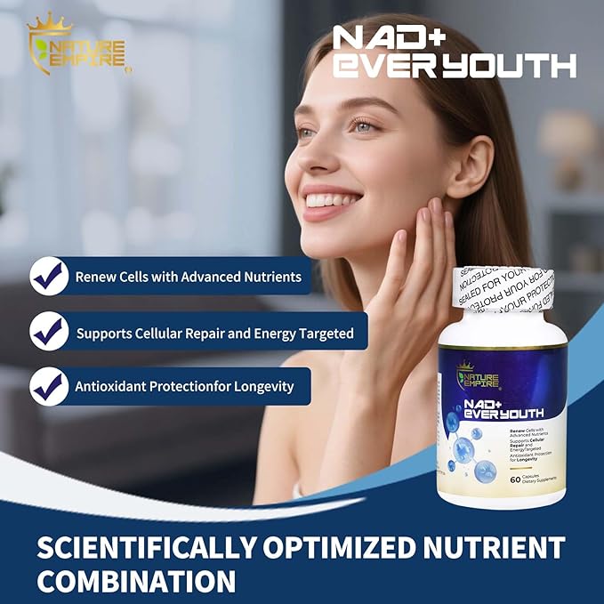Nature Empire NAD+ Ever Youth – Cellular Renewal Supplement with L-ErgothioneineNicotinamide Riboside (NR) &amp NAD+ Antioxidant Support for Energy &amp Aging Health 60 Vegan Capsules
