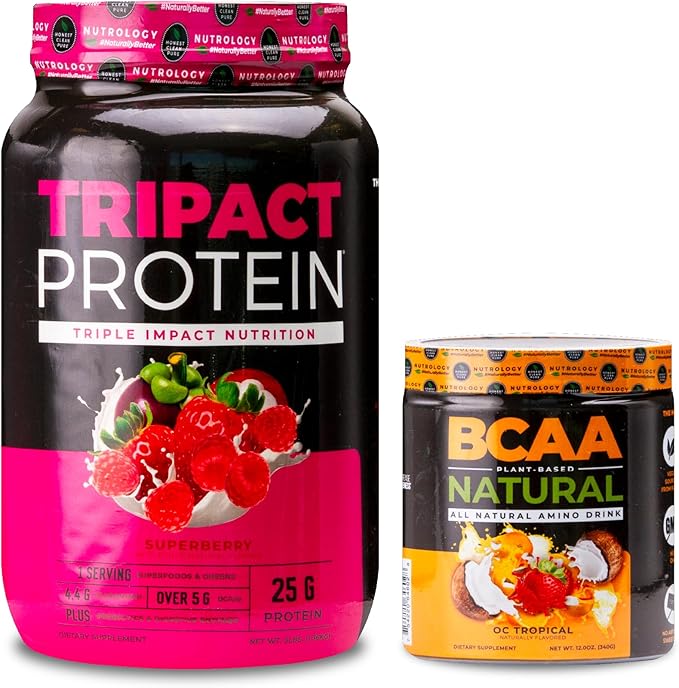 Nutrology TRIPACT Protein Powder 7-in-1 Meal Replacement Shake Superberry (40 Servings) BCAA Natural Plant Based BCAA Powder Orange Coconut Flavor (30 Servings)