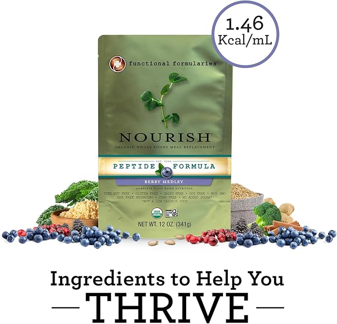 FUNCTIONAL FORMULARIES Nourish Organic Pediatric Peptide Berry Medley Tube Feed Formula 20g Protein 8g Fiber 12 Oz (24 Pack)