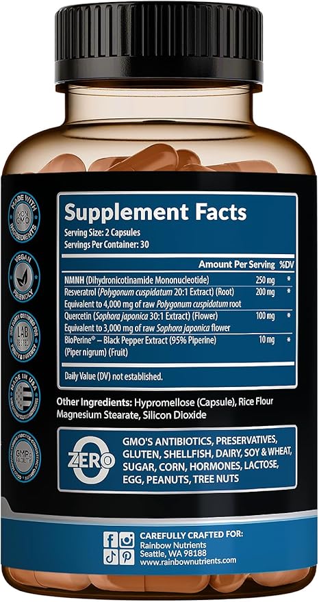 NMNH Supplement (NMN Alternative) NAD Booster for Anti-Aging Cellular Energy &amp Nice Skin- Dihydronicotinamide mononucleotide Resveratrol Quercetin &amp BioPerine® for Max Absorption- 60 caps