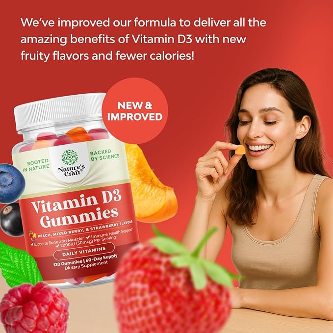 Natures Craft Vitamin D3 Gummies for Daily Wellness - Delicious Vitamin D Gummies for Adults with D3 2000IU per Serving Bone Muscle &amp Immune Support - Non-GMO Gelatin &amp Gluten Free - 120 Count