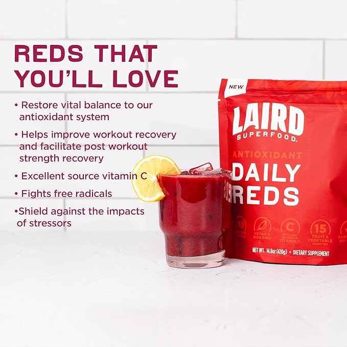 Laird Superfood Antioxident Daily Reds Powder Free Radical Fighting Blend Vitamin C Manganese 2 Servings of Fruits and Vegetables Per Serving 30 Pack