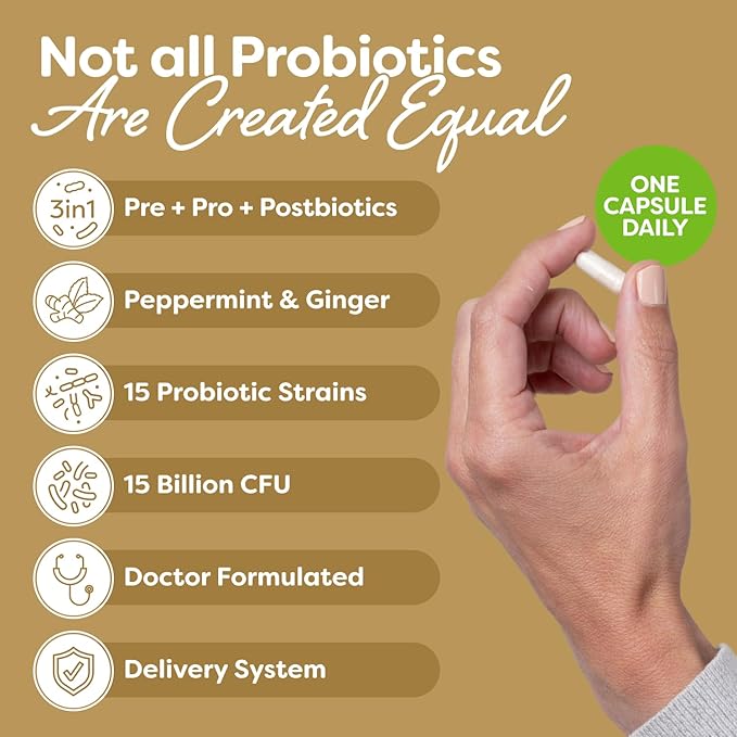 Probulin Total Care Soothe Prebiotic Probiotic and Postbiotic + Ginger &amp Mint for Digestive Soothing - 15 Billion CFU - 15 Strains - 30 Vegan Capsules