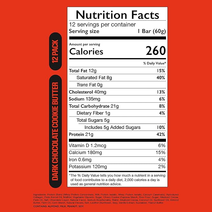 RAW Nutrition Protein Bars Dark Chocolate Cookie Butter 21g Whey Protein Low Sugar Better-for-You Candy Bars Gluten Free Chocolate Protein Snack for Muscle Recovery &amp Gym Fuel 12 Count